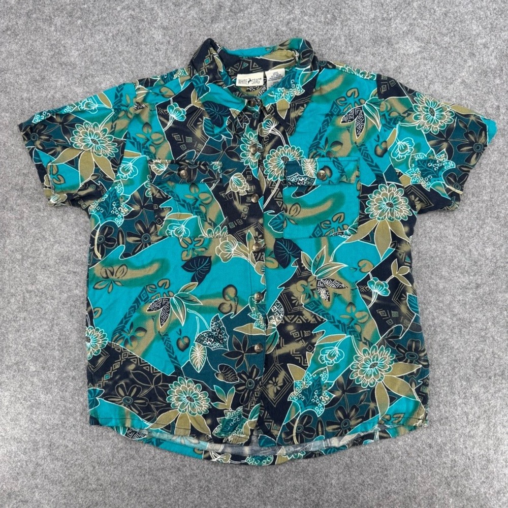 Vintage White Stag Top Womens Medium Teal Floral Geometric Button Down EUC